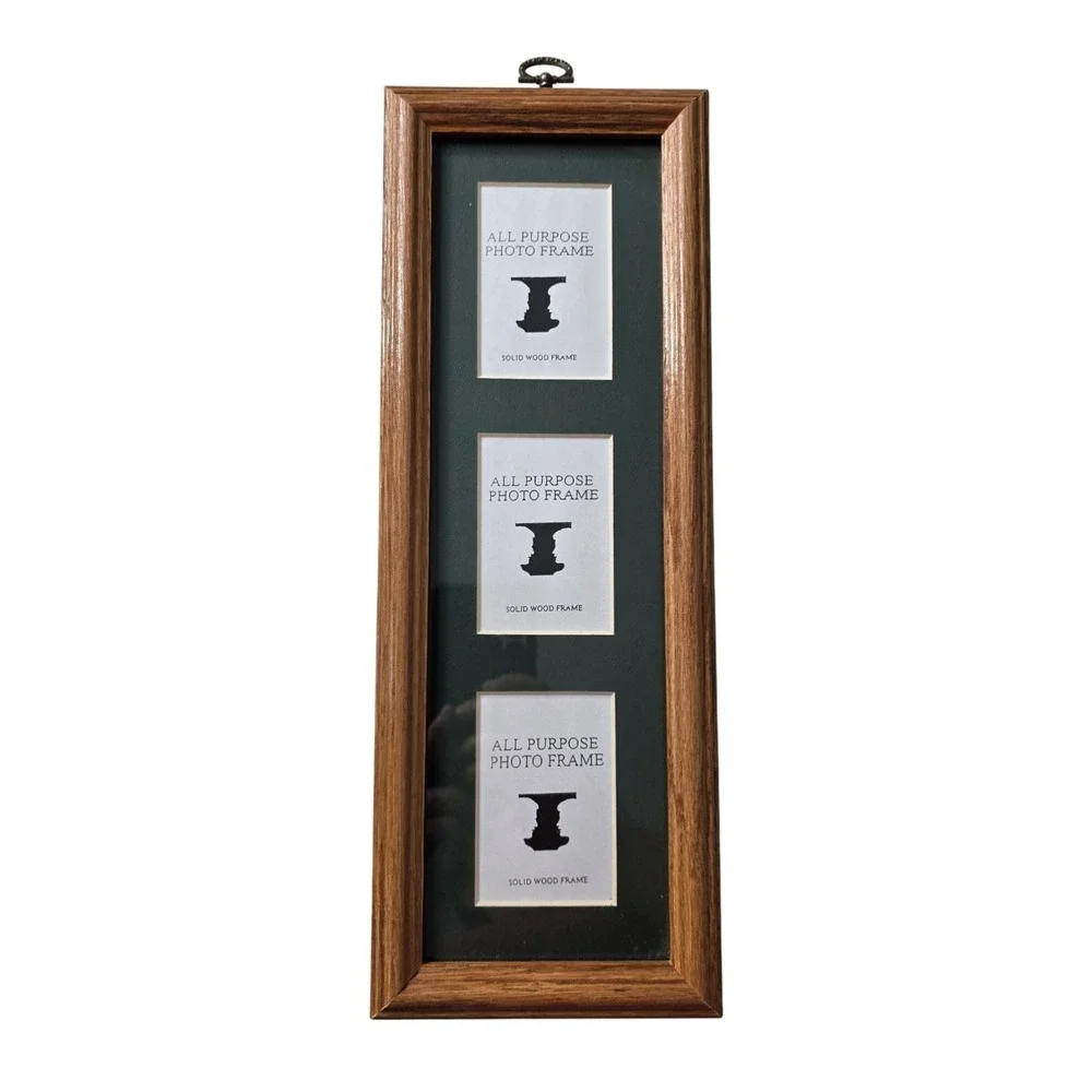 Vtg Solid Wood 3 2x3 Opening Vertical Picture Frame Brown Oak Hunter Green 14x6